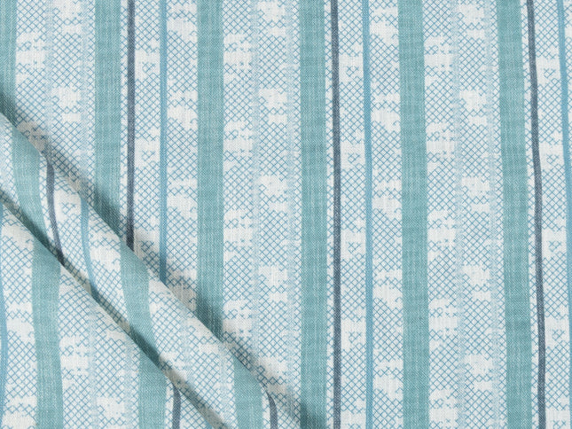 Off-White Colour with Teal and Slate Grey Vertical Stripe Print Curtain Fabric