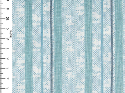 Off-White Colour with Teal and Slate Grey Vertical Stripe Print Curtain Fabric