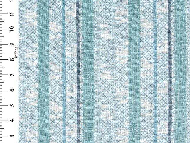 Off-White Colour with Teal and Slate Grey Vertical Stripe Print Curtain Fabric