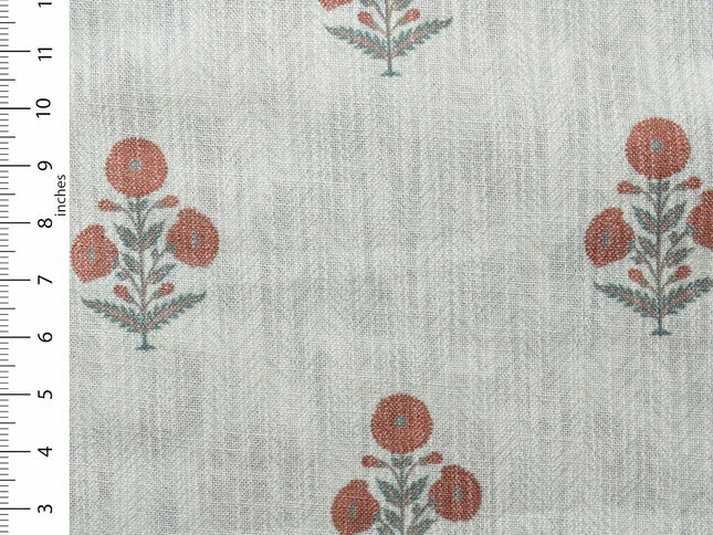 Off-White Colour with Terracotta and Sage Green Floral Motif Scattered Print Curtain Fabric