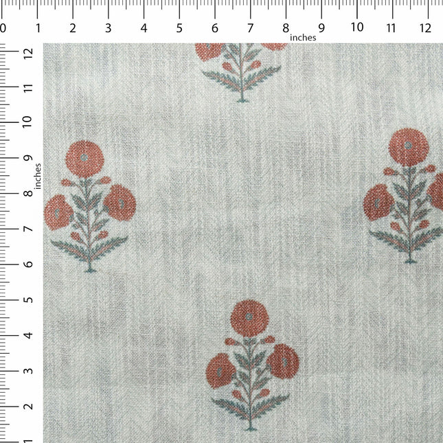 Off-White Colour with Terracotta and Sage Green Floral Motif Scattered Print Curtain Fabric