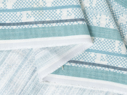 Off-White Colour with Teal and Slate Grey Vertical Stripe Print Curtain Fabric