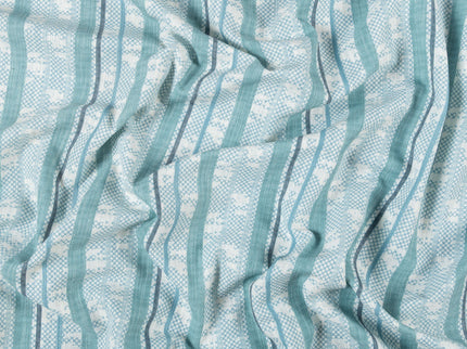 Off-White Colour with Teal and Slate Grey Vertical Stripe Print Curtain Fabric