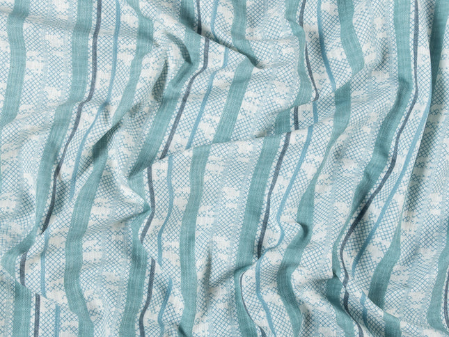 Off-White Colour with Teal and Slate Grey Vertical Stripe Print Curtain Fabric