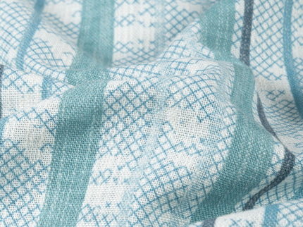 Off-White Colour with Teal and Slate Grey Vertical Stripe Print Curtain Fabric