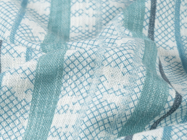 Off-White Colour with Teal and Slate Grey Vertical Stripe Print Curtain Fabric