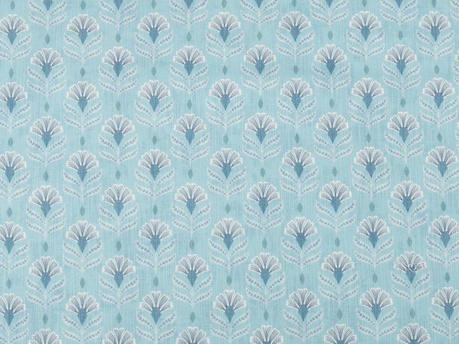 Aqua Green Colour with White and Slate Grey Floral Motif All Over Print Curtain Fabric