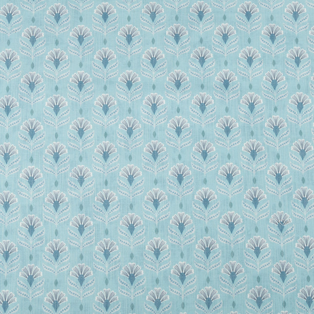 Aqua Green Colour with White and Slate Grey Floral Motif All Over Print Curtain Fabric