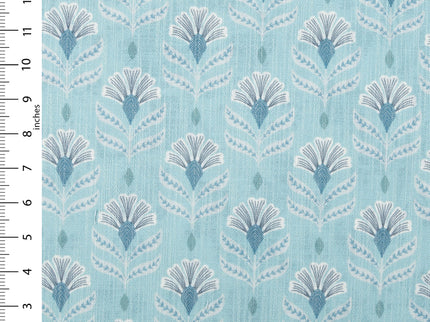Aqua Green Colour with White and Slate Grey Floral Motif All Over Print Curtain Fabric