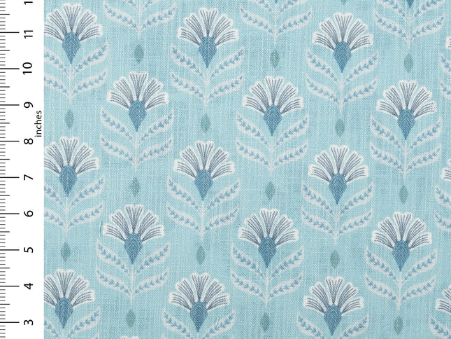Aqua Green Colour with White and Slate Grey Floral Motif All Over Print Curtain Fabric