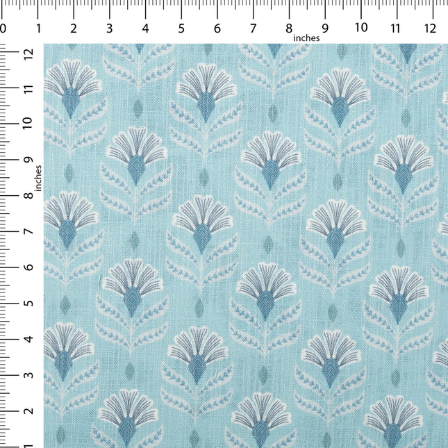 Aqua Green Colour with White and Slate Grey Floral Motif All Over Print Curtain Fabric