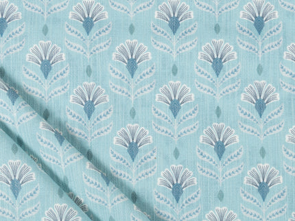 Aqua Green Colour with White and Slate Grey Floral Motif All Over Print Curtain Fabric