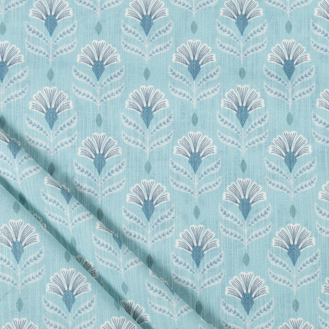 Aqua Green Colour with White and Slate Grey Floral Motif All Over Print Curtain Fabric