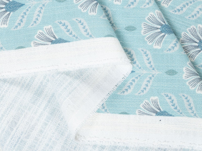 Aqua Green Colour with White and Slate Grey Floral Motif All Over Print Curtain Fabric