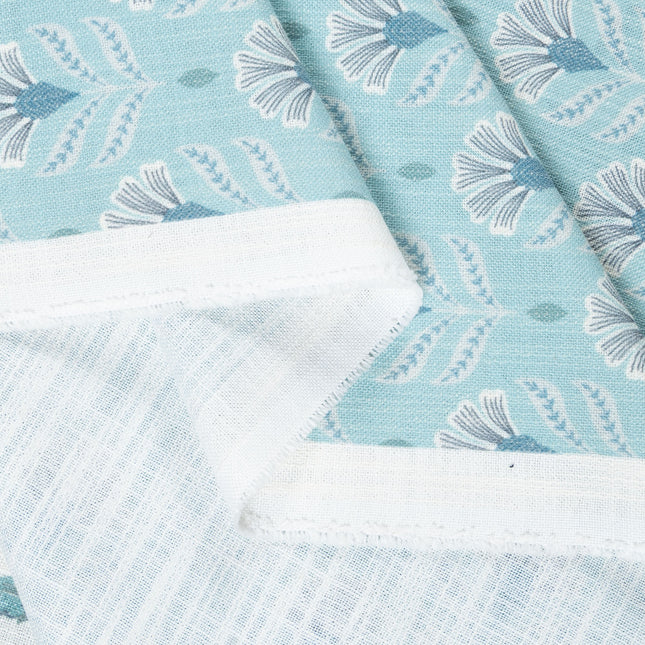 Aqua Green Colour with White and Slate Grey Floral Motif All Over Print Curtain Fabric