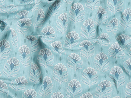 Aqua Green Colour with White and Slate Grey Floral Motif All Over Print Curtain Fabric