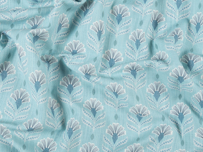 Aqua Green Colour with White and Slate Grey Floral Motif All Over Print Curtain Fabric