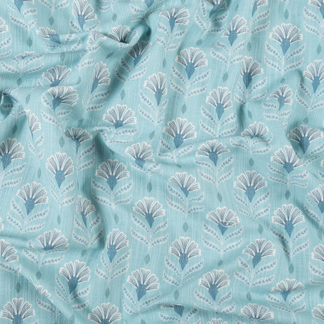 Aqua Green Colour with White and Slate Grey Floral Motif All Over Print Curtain Fabric