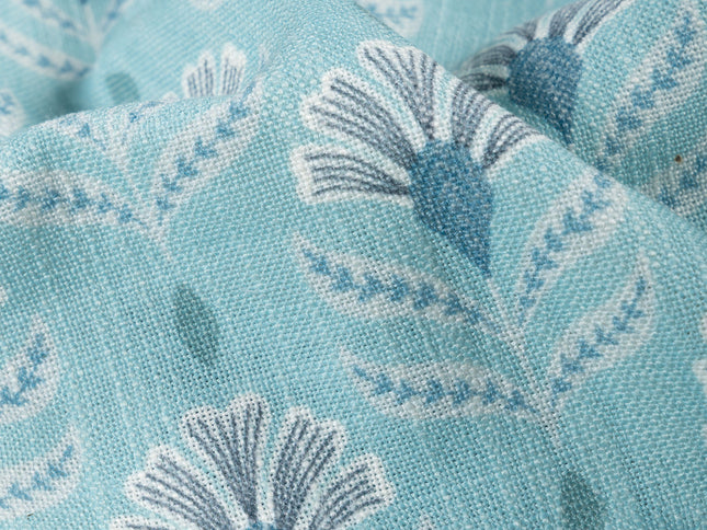 Aqua Green Colour with White and Slate Grey Floral Motif All Over Print Curtain Fabric