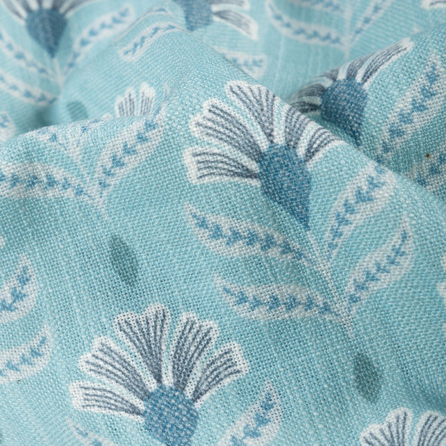 Aqua Green Colour with White and Slate Grey Floral Motif All Over Print Curtain Fabric