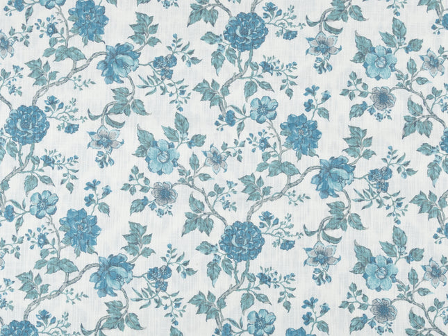 Off-White Colour with Teal Floral Vintage Floral  All Over Print Curtain Fabric