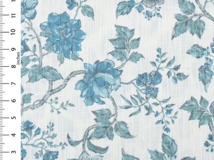 Off-White Colour with Teal Floral Vintage Floral  All Over Print Curtain Fabric