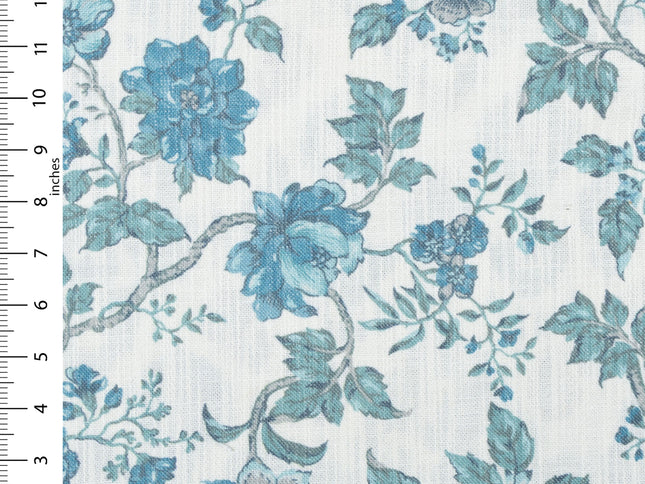 Off-White Colour with Teal Floral Vintage Floral  All Over Print Curtain Fabric