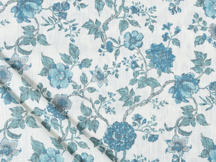 Off-White Colour with Teal Floral Vintage Floral  All Over Print Curtain Fabric