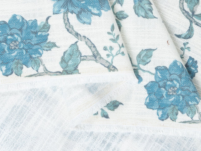 Off-White Colour with Teal Floral Vintage Floral  All Over Print Curtain Fabric