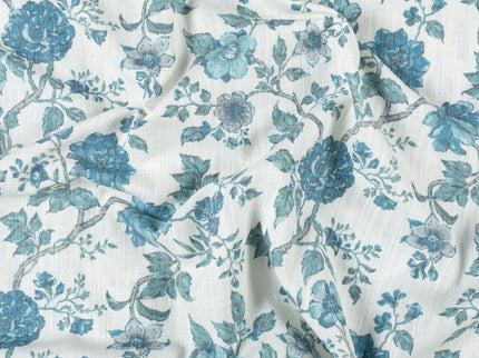 Off-White Colour with Teal Floral Vintage Floral  All Over Print Curtain Fabric