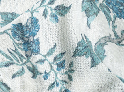 Off-White Colour with Teal Floral Vintage Floral  All Over Print Curtain Fabric