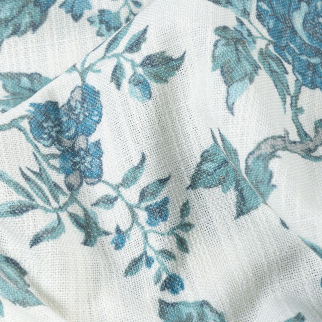 Off-White Colour with Teal Floral Vintage Floral  All Over Print Curtain Fabric