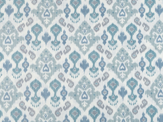 Off-White Colour with Teal and Slate Grey Ikat Geometric All Over Print Curtain Fabric