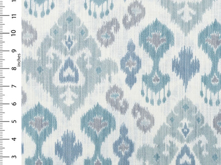 Off-White Colour with Teal and Slate Grey Ikat Geometric All Over Print Curtain Fabric
