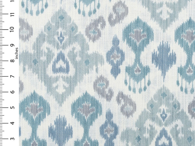 Off-White Colour with Teal and Slate Grey Ikat Geometric All Over Print Curtain Fabric