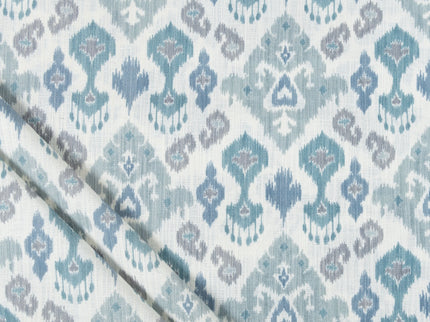 Off-White Colour with Teal and Slate Grey Ikat Geometric All Over Print Curtain Fabric