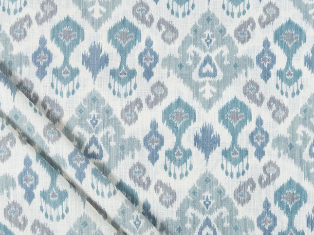 Off-White Colour with Teal and Slate Grey Ikat Geometric All Over Print Curtain Fabric
