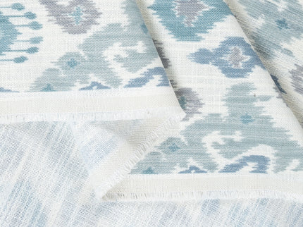Off-White Colour with Teal and Slate Grey Ikat Geometric All Over Print Curtain Fabric
