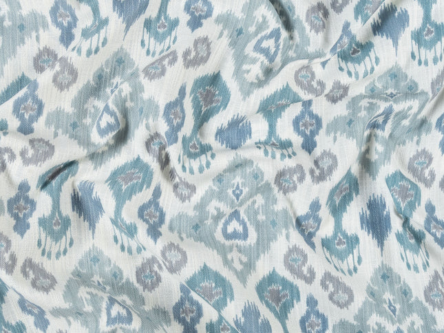 Off-White Colour with Teal and Slate Grey Ikat Geometric All Over Print Curtain Fabric