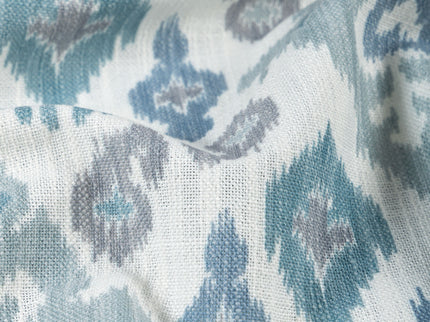 Off-White Colour with Teal and Slate Grey Ikat Geometric All Over Print Curtain Fabric