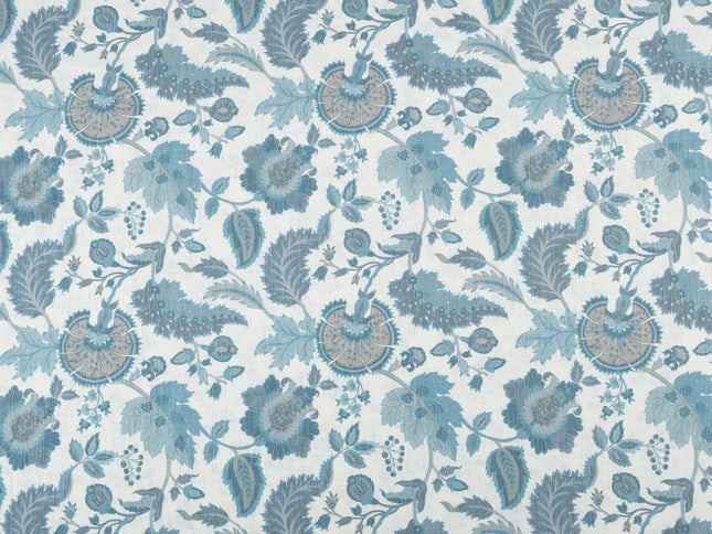Off-White Colour with Teal and Taupe Vintage Botanical All Over Print Curtain Fabric