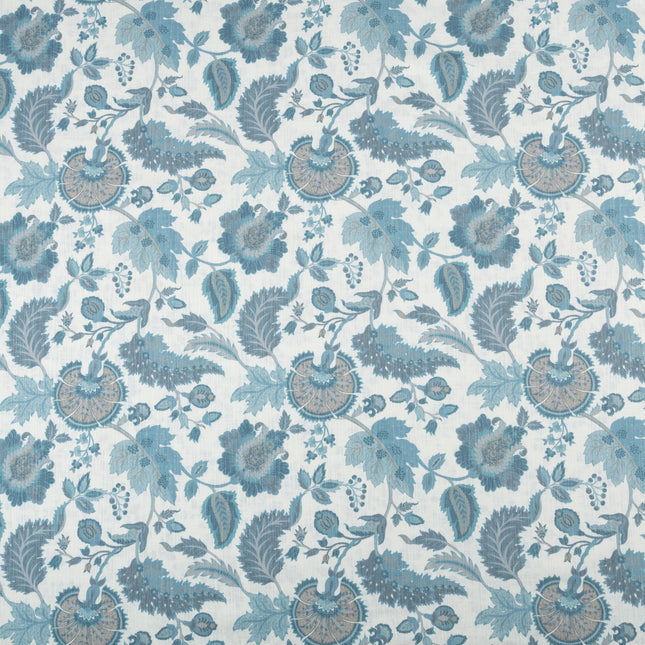 Off-White Colour with Teal and Taupe Vintage Botanical All Over Print Curtain Fabric