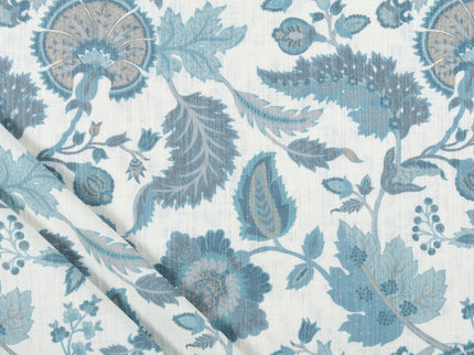 Off-White Colour with Teal and Taupe Vintage Botanical All Over Print Curtain Fabric