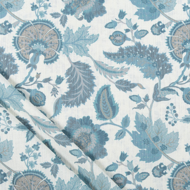 Off-White Colour with Teal and Taupe Vintage Botanical All Over Print Curtain Fabric