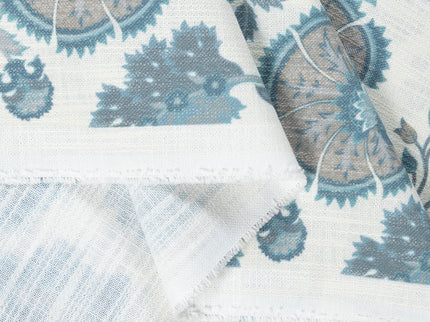 Off-White Colour with Teal and Taupe Vintage Botanical All Over Print Curtain Fabric