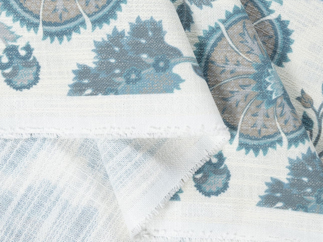 Off-White Colour with Teal and Taupe Vintage Botanical All Over Print Curtain Fabric