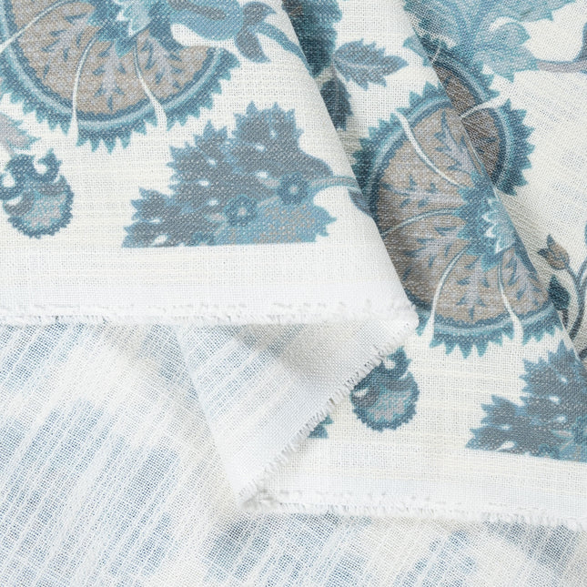 Off-White Colour with Teal and Taupe Vintage Botanical All Over Print Curtain Fabric