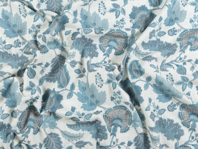 Off-White Colour with Teal and Taupe Vintage Botanical All Over Print Curtain Fabric