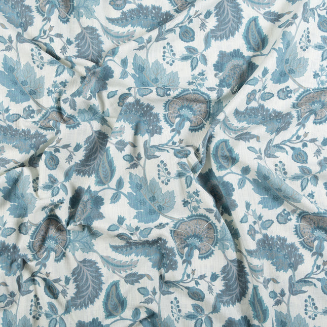 Off-White Colour with Teal and Taupe Vintage Botanical All Over Print Curtain Fabric