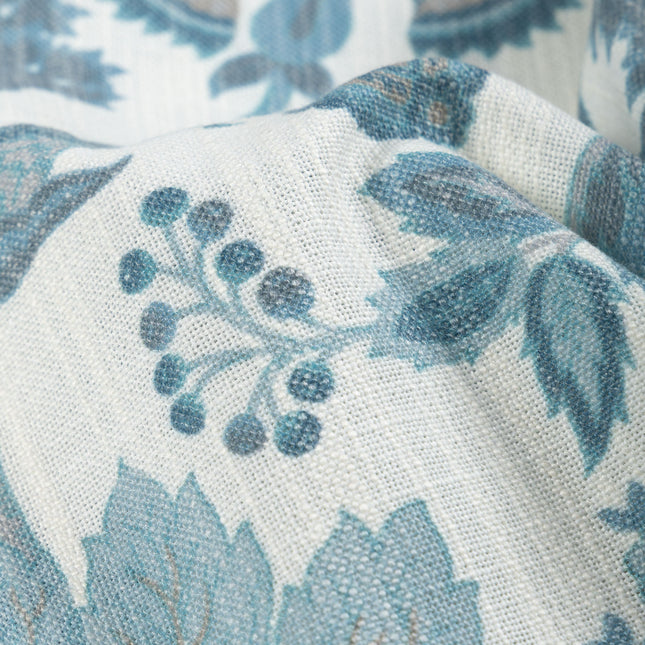 Off-White Colour with Teal and Taupe Vintage Botanical All Over Print Curtain Fabric